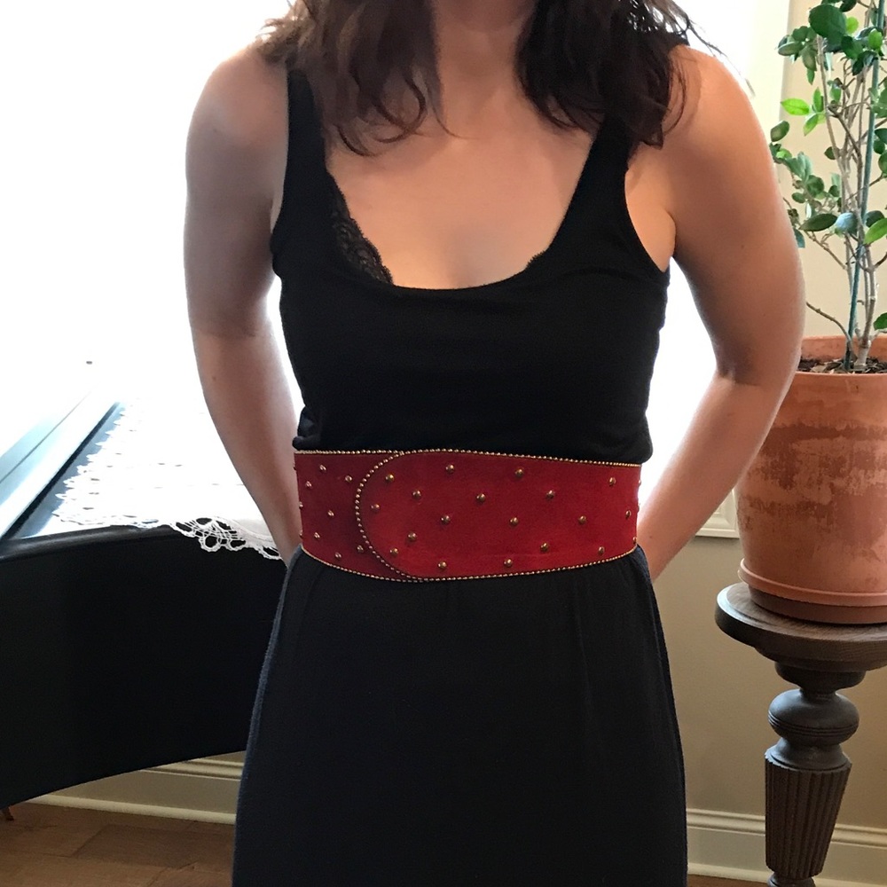 Vintage Anne Klein red suede gold studded belt